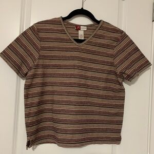 Jennifer Moore Petite Multicolor Striped Short Sleeve V-Neck Tee